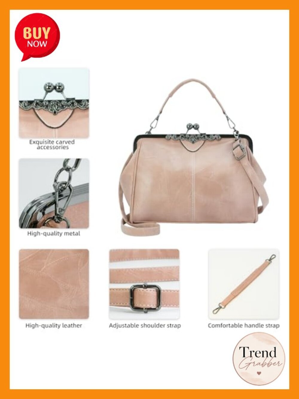 Vintage Kiss Lock Satchel - Faux Leather Crossbody Bag for Women, Evening Clutch - Picture 2 of 5